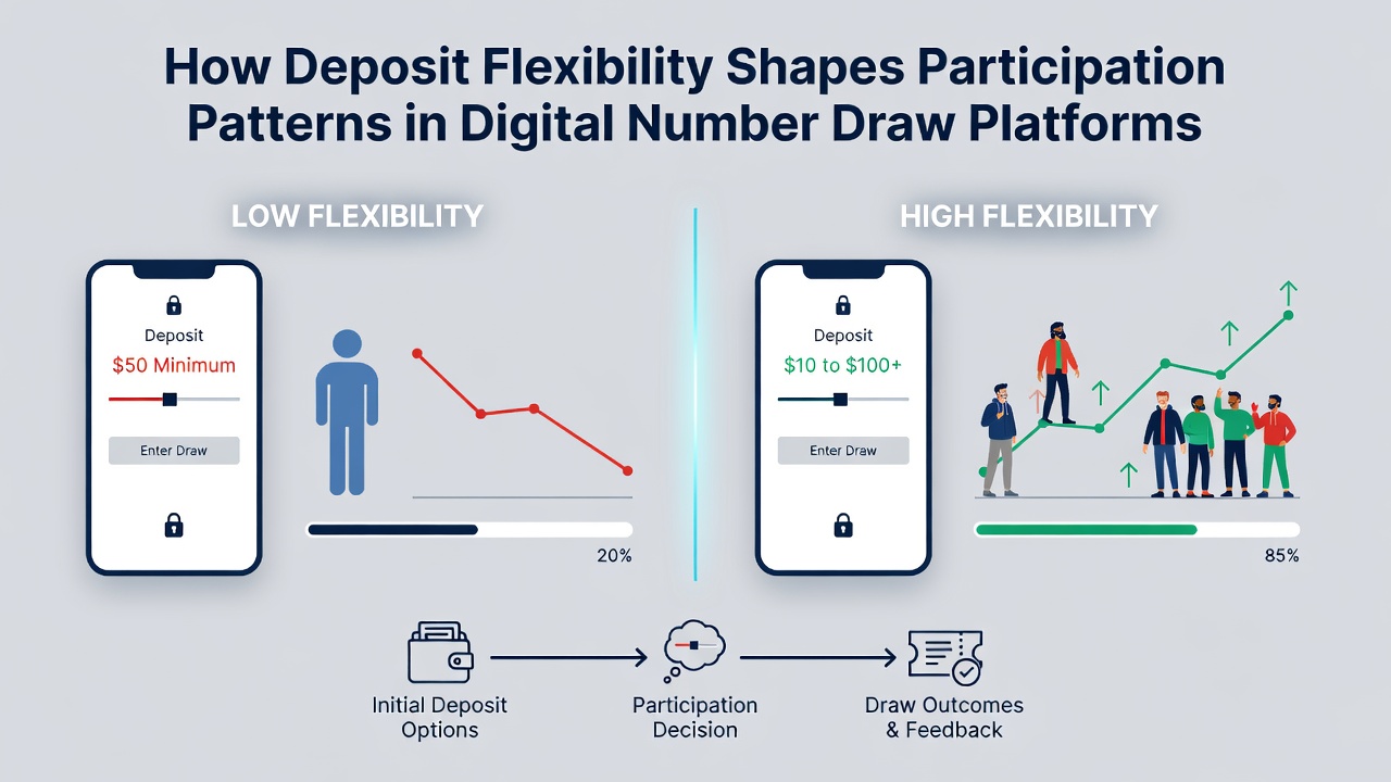 Digital number draw platform interface showing deposit options and participation trends