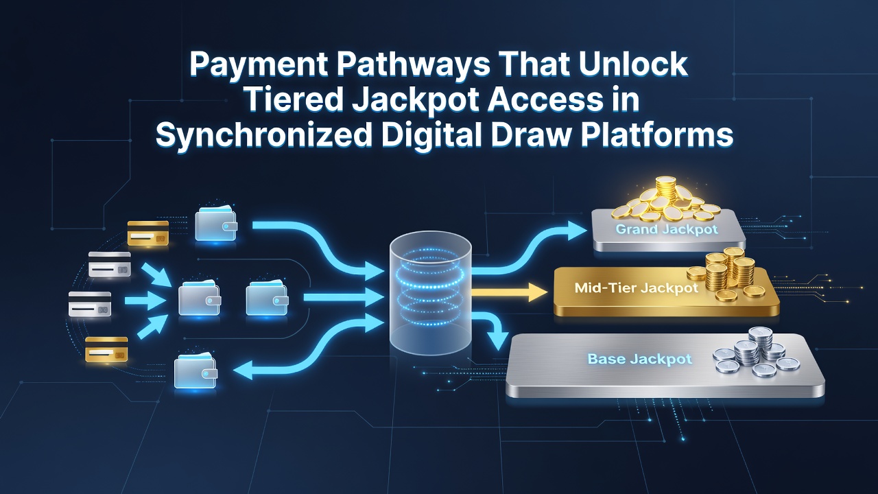 Flowchart depicting various payment methods connecting to different jackpot tiers in unified digital draw networks