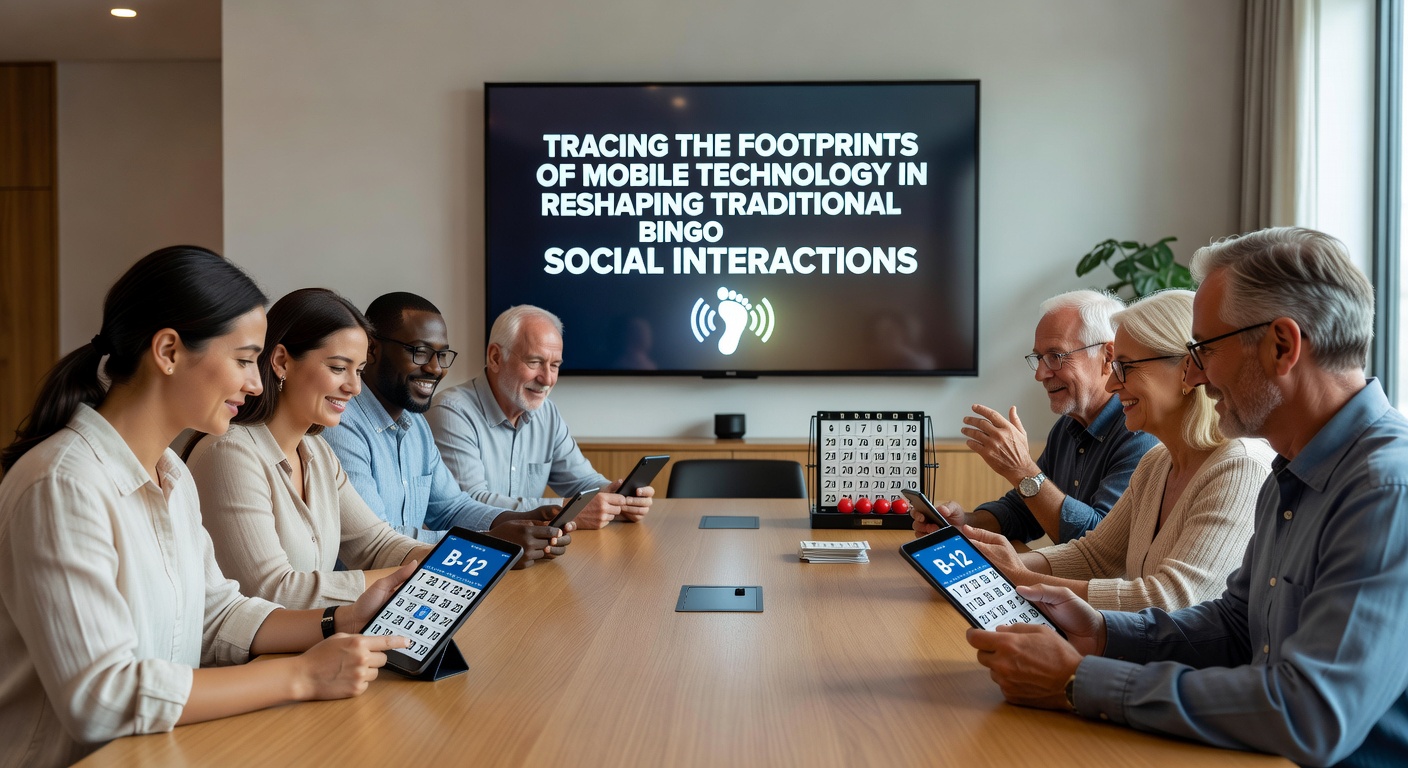 Bingo players using smartphones alongside traditional cards in a hall